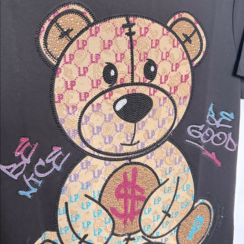 NWT [Left Point] Teddy Bear w Money Rhinestone Positive Affirmation Shirt Mens S - Picture 8 of 16
